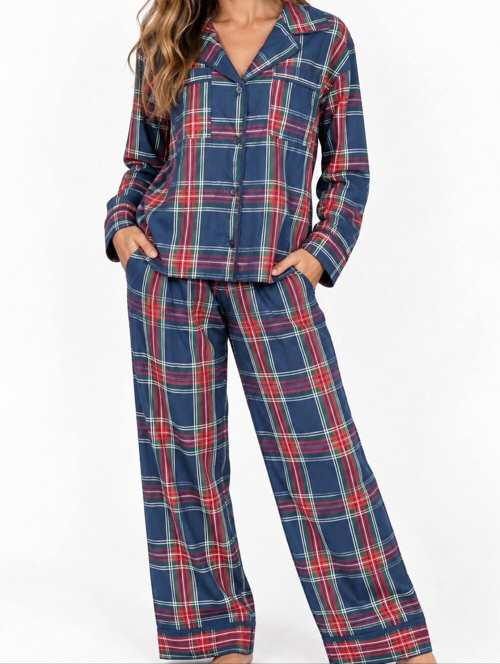 👚 NWT M Navy Red Tartan Plaid Pajama Set Button Up Top Pants Holiday